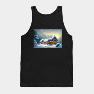 Magical Fantasy House with Lights in a Snowy Scene, Fantasy Cottagecore artwork Tank Top